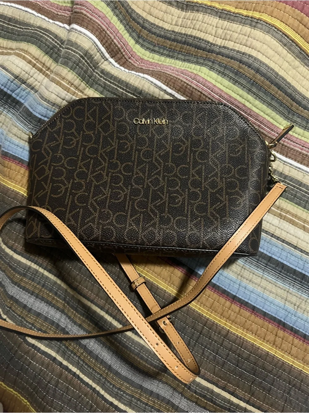 Calvin Klein Dark Brown Monogram Crossbody with Tan Strap